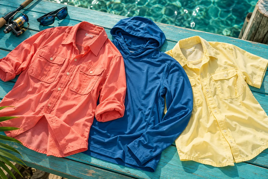 Illustration of coral, blue and yellow fishing shirts arranged on a turquoise dockside bench